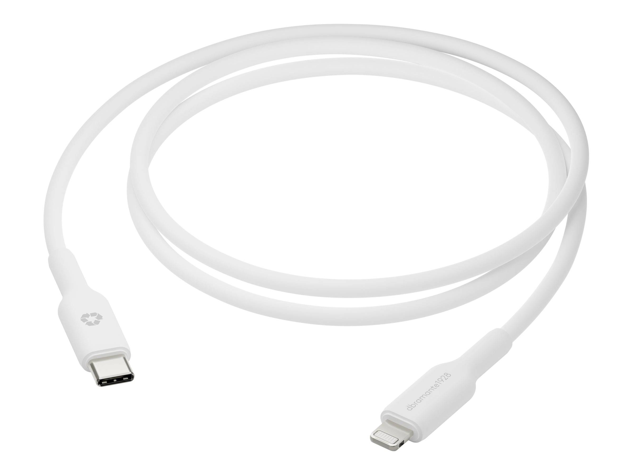 Weißes USB-C-auf-Lightning-Ladekabel, aufgerollt auf weißem Hintergrund, mit Anschlüssen an beiden Enden sichtbar.