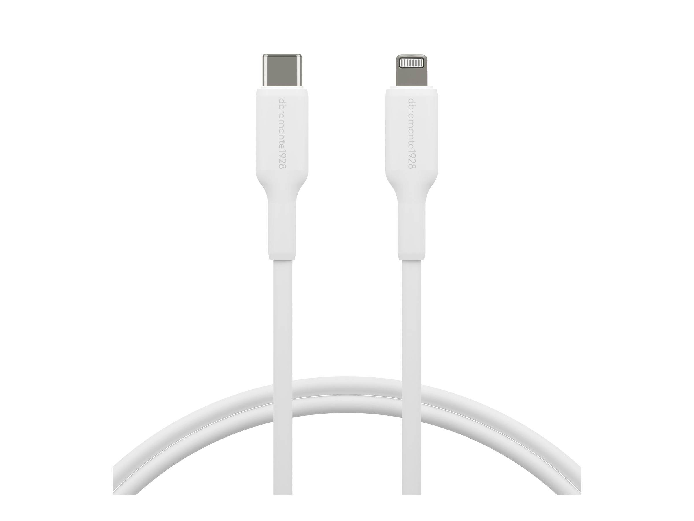 Ein weißes USB-C-zu-Lightning-Kabel wird gezeigt, das beide Anschlusstypen an den Enden des Kabels veranschaulicht.