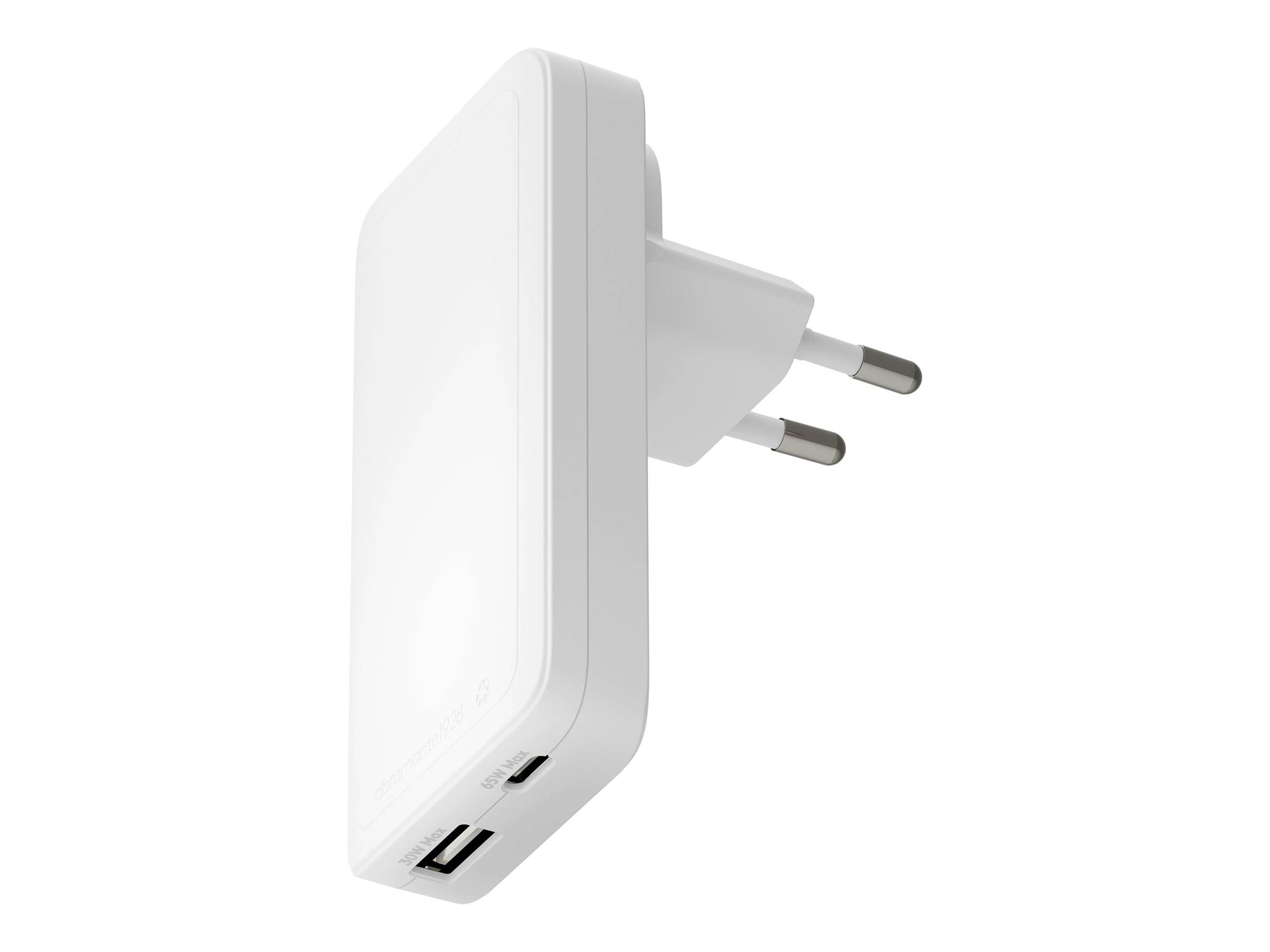 Ein weißer Wandstecker-Adapter mit europäischem Zweipol-Design und zwei USB-Anschlüssen, geeignet zum Aufladen elektronischer Geräte.
