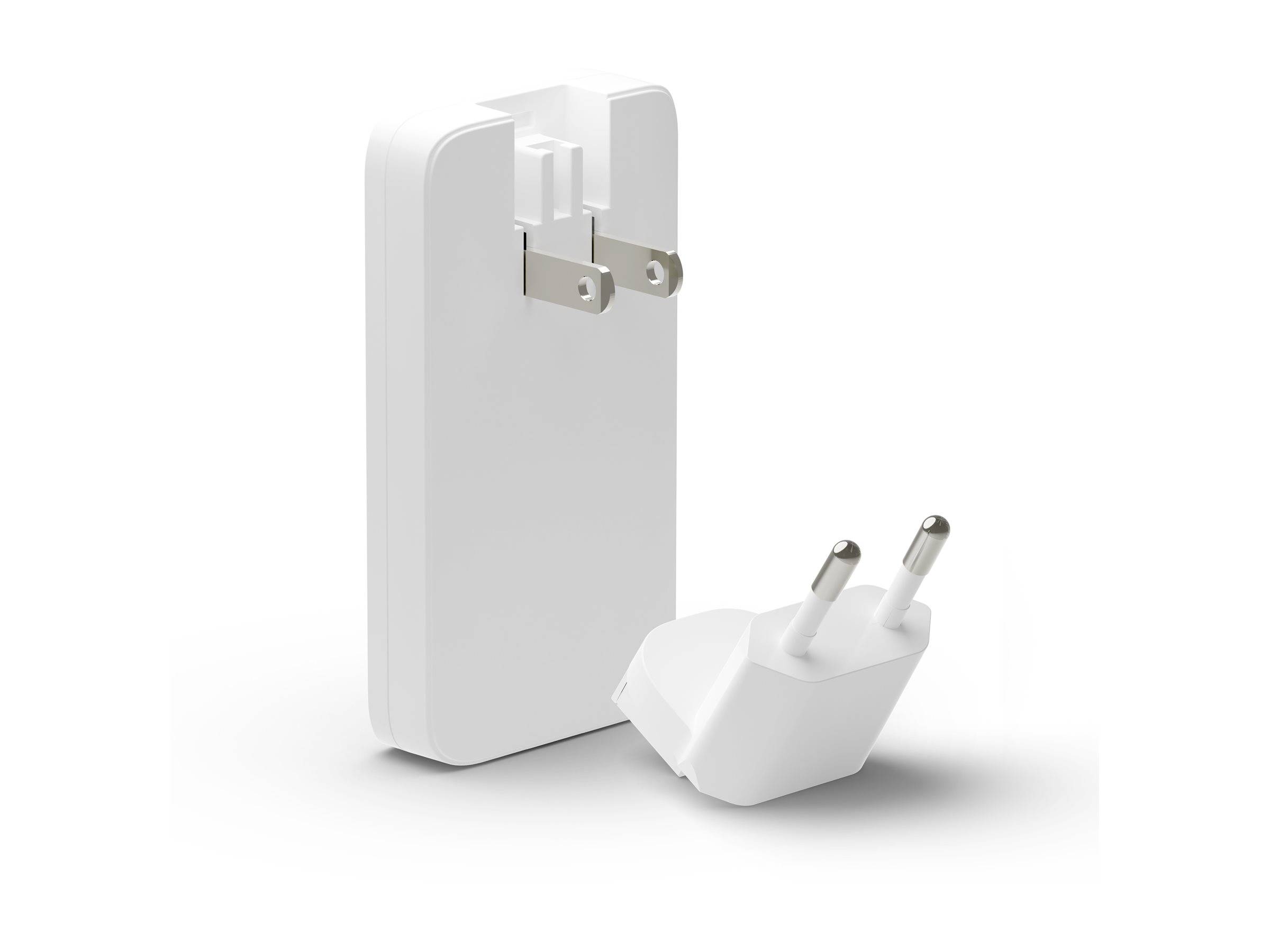 Ein weißer, rechteckiger Netzteil mit klappbaren Steckern; ein abnehmbarer Stecker mit zwei runden Pins liegt daneben.