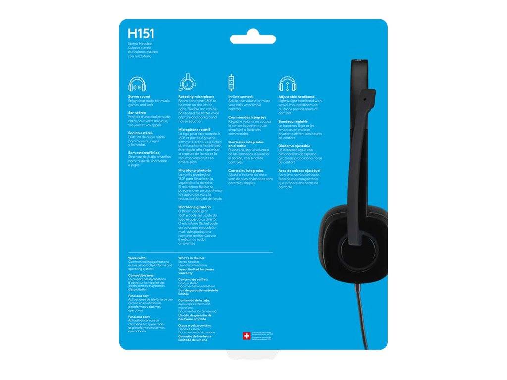 Blaue Produktverpackung auf der Rückseite mit H151-Kopfhörern mit schwarzem Kopfhörer-Bild und mehreren Funktionspunkte in weißem Text.
