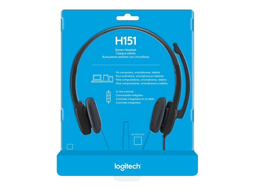 Logitech H151 Stereo-Kopfhörer mit Mikrofon auf blauer Einzelhandelverpackung dargestellt.