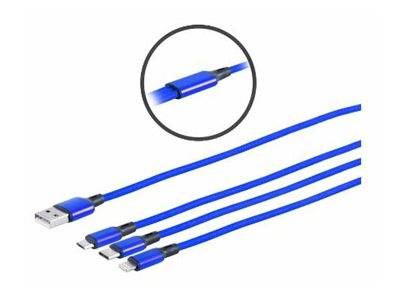 Blaues Multiladekabel mit vier verschiedenen Anschlüssen, einschließlich USB. Nahaufnahme zeigt Details eines Anschlusses.