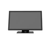 Ein schwarzer, moderner Flachbildschirm-Computermonitor mit einem einfachen, cleanen Design, von vorne betrachtet.