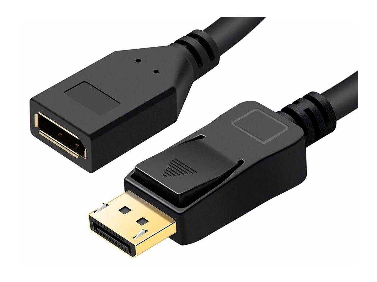 DisplayPort-Kabel mit männlichen Anschlüssen; ein Stecker verfügt über einen Verriegelungsmechanismus für eine sichere Verbindung, der eine hochwertige Video- und Audiosignalübertragung gewährleistet.