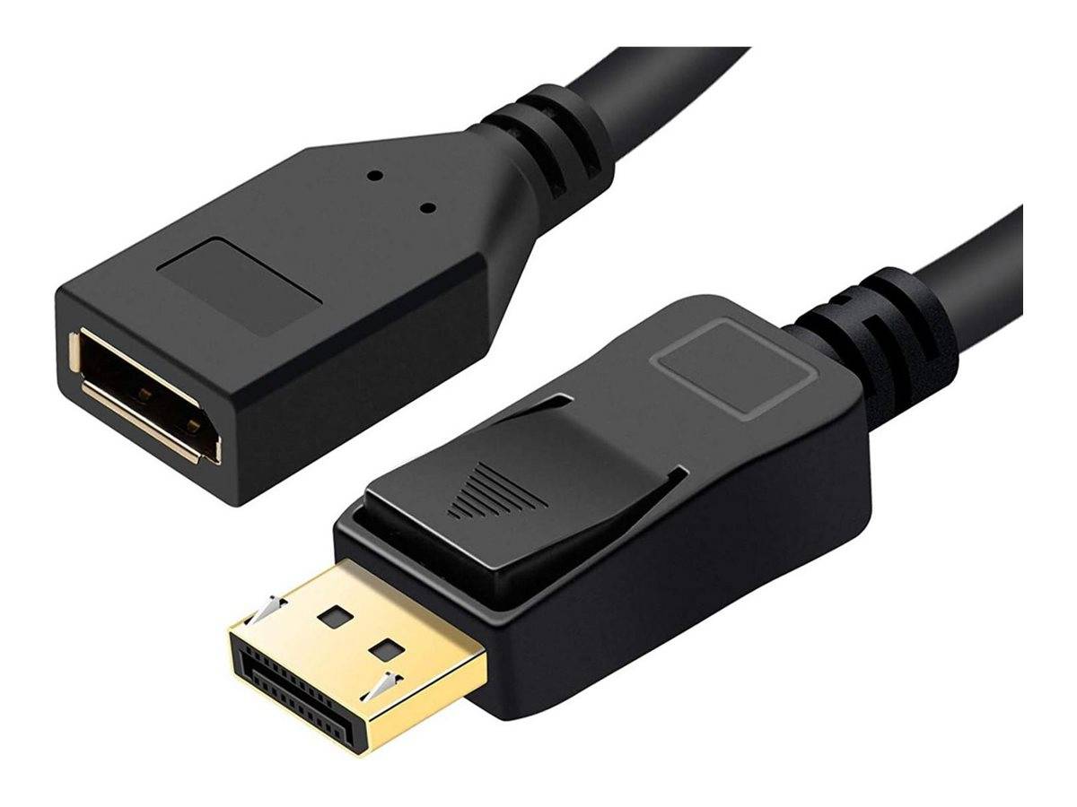Eine Nahaufnahme von zwei schwarzen DisplayPort-Kabeln mit vergoldeten Anschlüssen für Audio- und Videoübertragung zwischen Geräten.