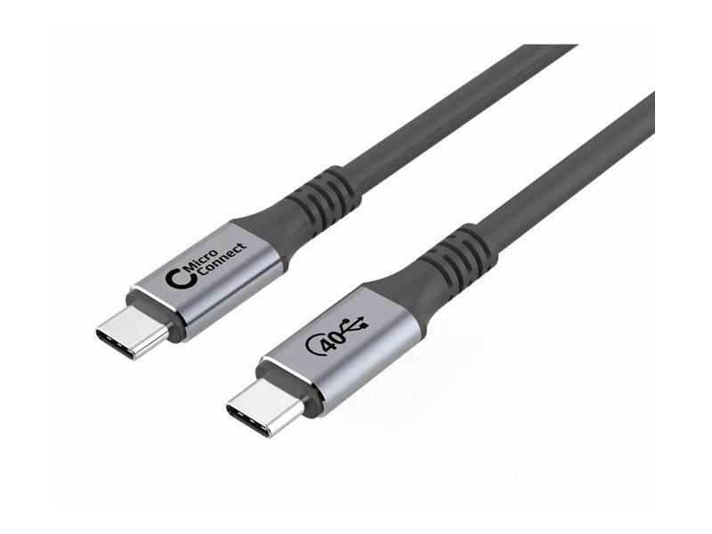 USB-C-Kabel mit metallisch grauen Anschlüssen, mit der Bezeichnung 'Micro Connect', ausgestattet mit dem Geschwindigkeitssymbol von 40 Gbps, entsprechend verbunden.