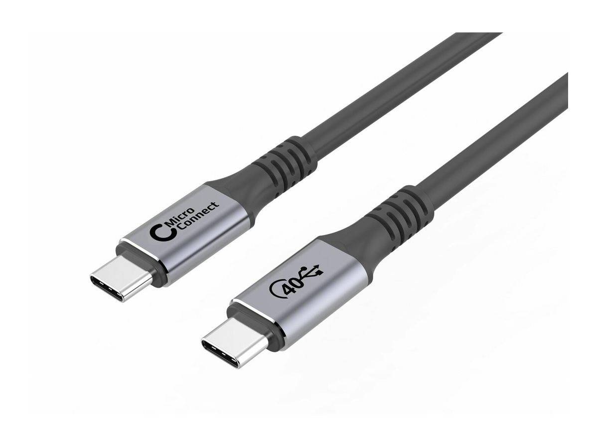 USB-C-Kabel mit Micro Connect-Branding und USB 4.0-Beschriftung, mit beidseitig einsetzbaren Anschlüssen, in grauer Farbe, entwickelt für Computer und Geräte.
