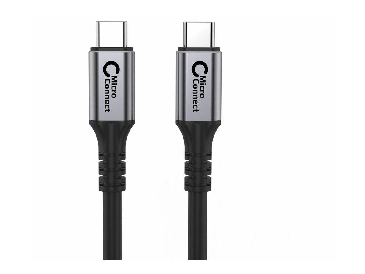 Zwei USB-C-Kabel mit der Markenbezeichnung 'Micro Connect', ausgestattet mit eleganten grauen Steckern und schwarzen Kabeln, die vor einem weißen Hintergrund präsentiert werden.
