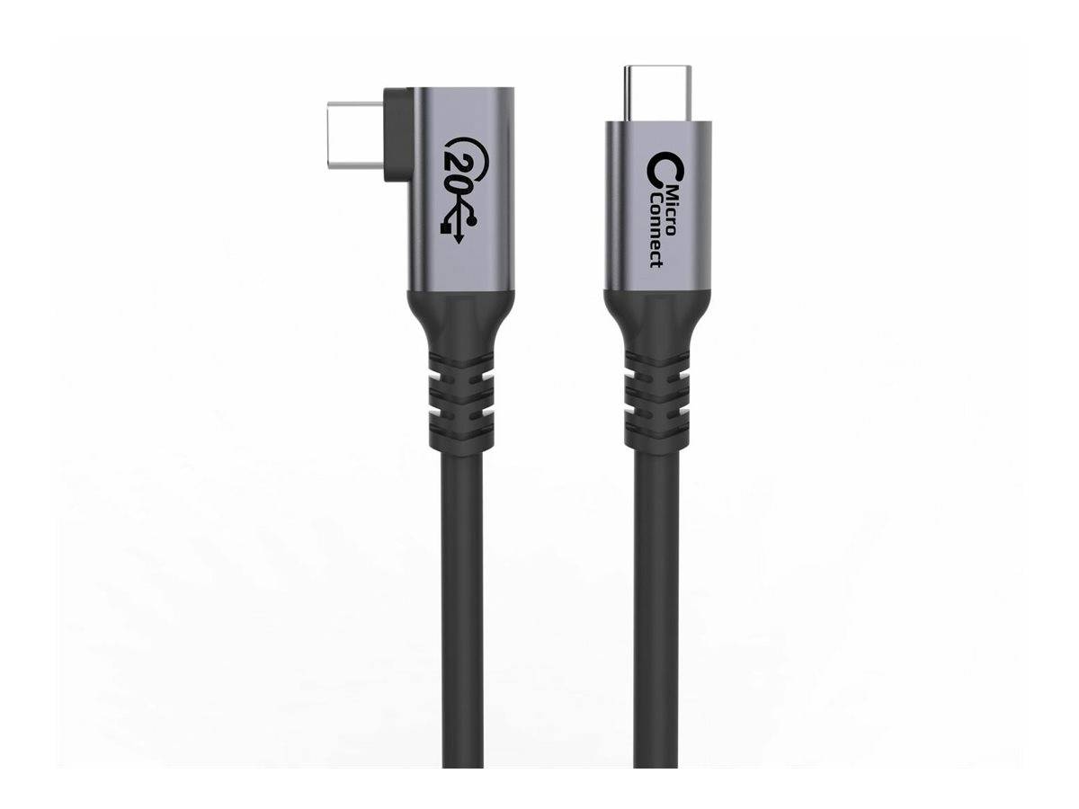 Zwei USB-C-Kabel, eines gewinkelt und eines gerade, mit '20' und 'Micro Connect' Beschriftungen, entwickelt für Konnektivität und Aufladung.