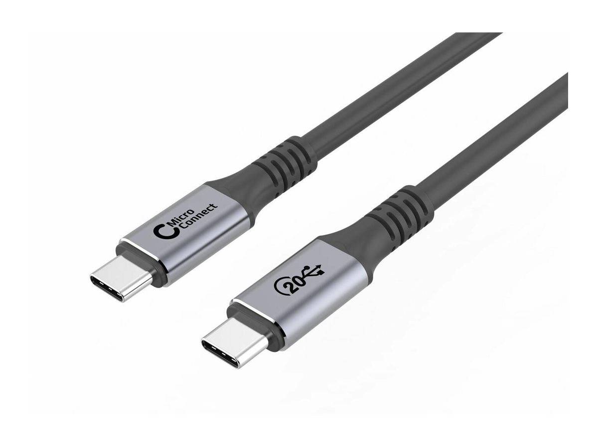 Ein USB-C zu USB-C Kabel mit der Markenbezeichnung 'Micro Connect', mit grauem Design und USB- und Geschwindigkeitssymbolen auf den Anschlüssen.