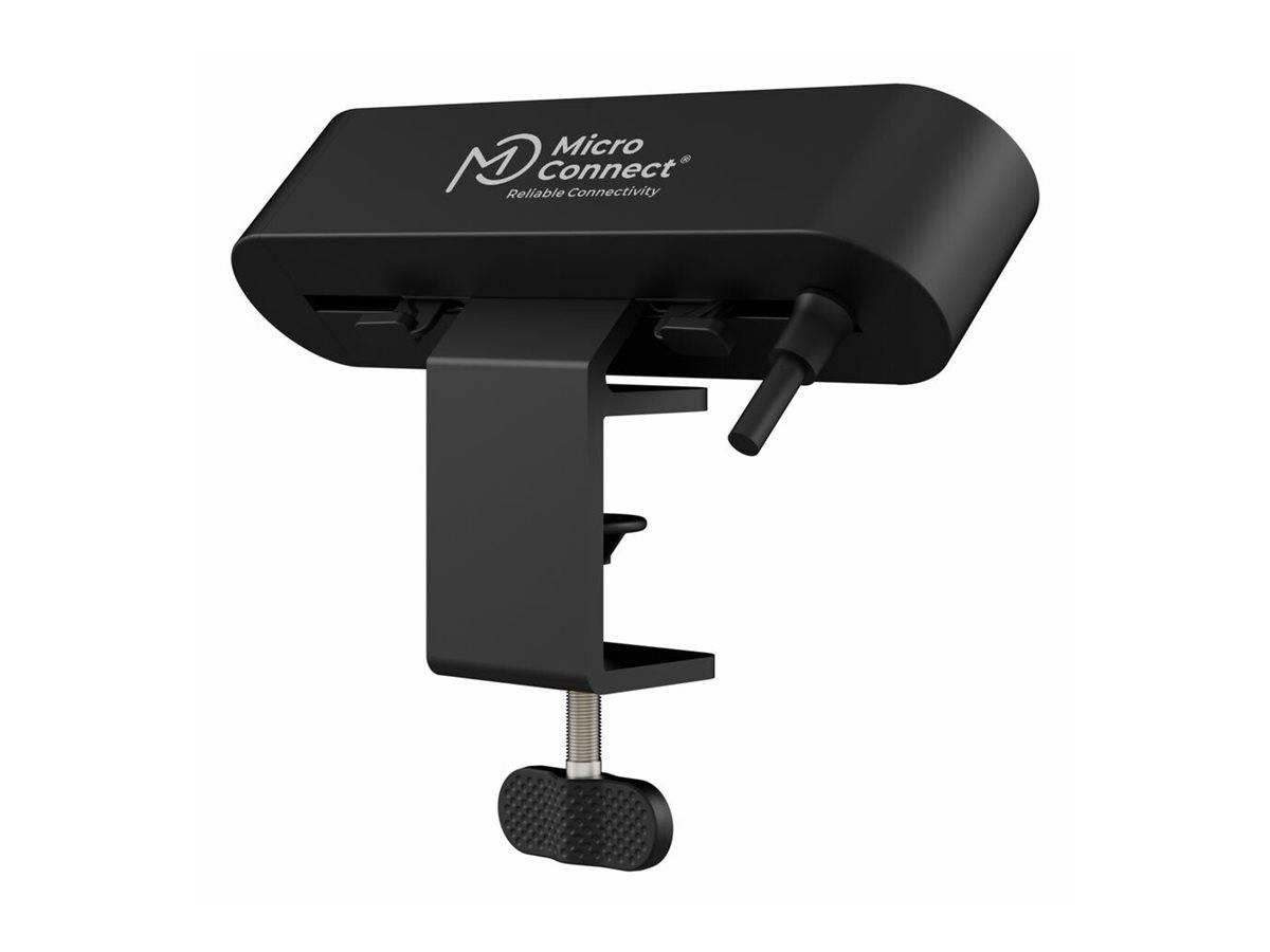 Schwarzes Micro Connect-Gerät, das auf einem verstellbaren Klemmständer montiert ist, gezeigt in einer produktstilisierten Ansicht auf weißem Hintergrund.