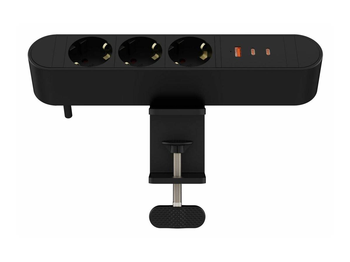 Schwarze Steckdosenleiste zum Anschrauben mit drei europäischen Steckdosen und drei USB-Anschlüssen, gezeigt mit einer verstellbaren Schreibtischhalterung darunter.