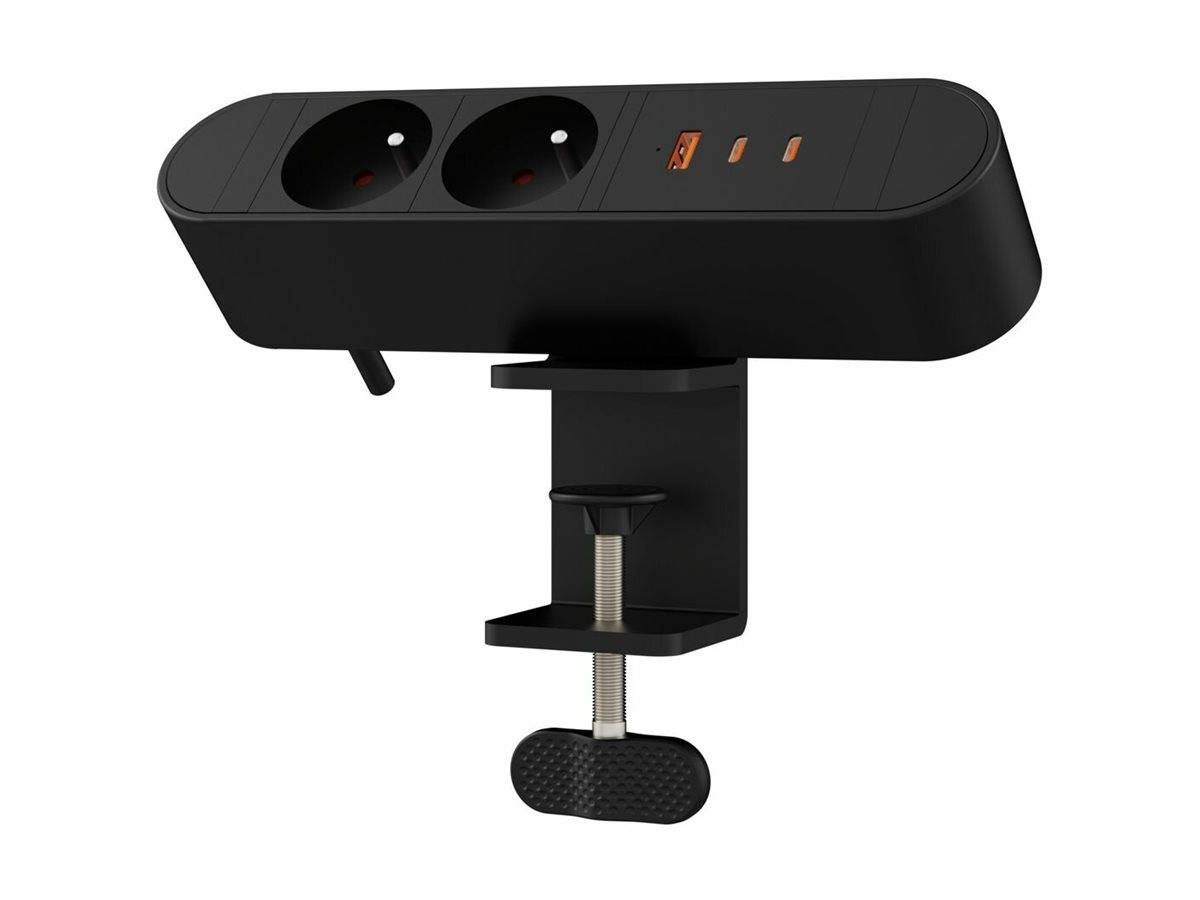 Schwarze Stromleiste zum Anklemmen mit zwei AC-Steckdosen und drei USB-Anschlüssen an der Schreibtischkante montiert.