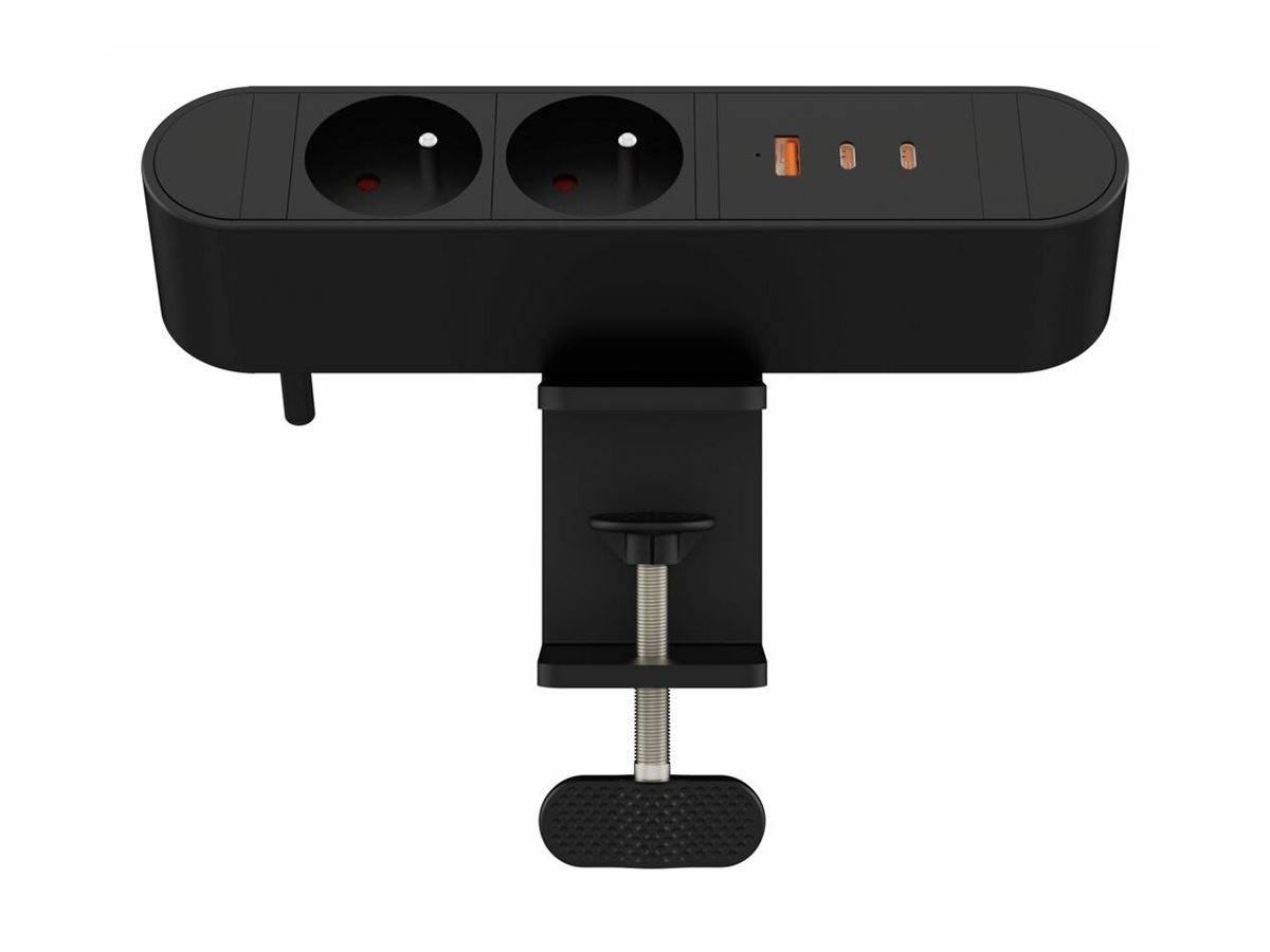 Schwarze Steckerleiste mit zwei europäischen Steckdosen, drei USB-Ladeanschlüssen und einer Klemmhalterung an der Unterseite.