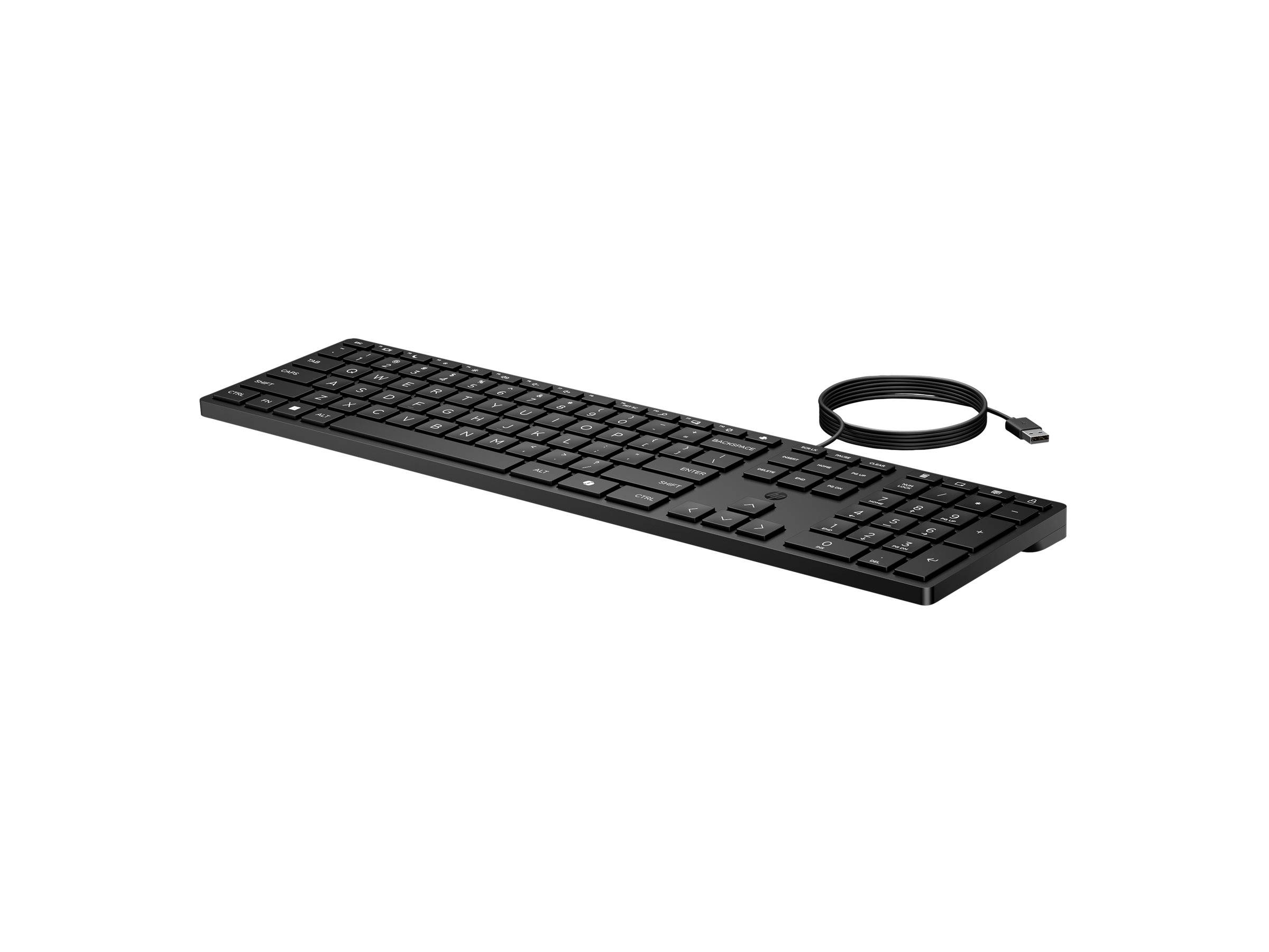 Eine schwarze, kabelgebundene Tastatur mit sichtbarem USB-Anschluss ist vor einem einfarbigen weißen Hintergrund abgebildet.