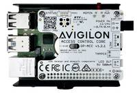 Elektronisches Gerät mit der Bezeichnung 'AVIGILON ACCESS CONTROL CORE'. Merkmale umfassen QR-Codes, Modellinformationen, Anschlüsse und regulatorische Kennzeichnungen.