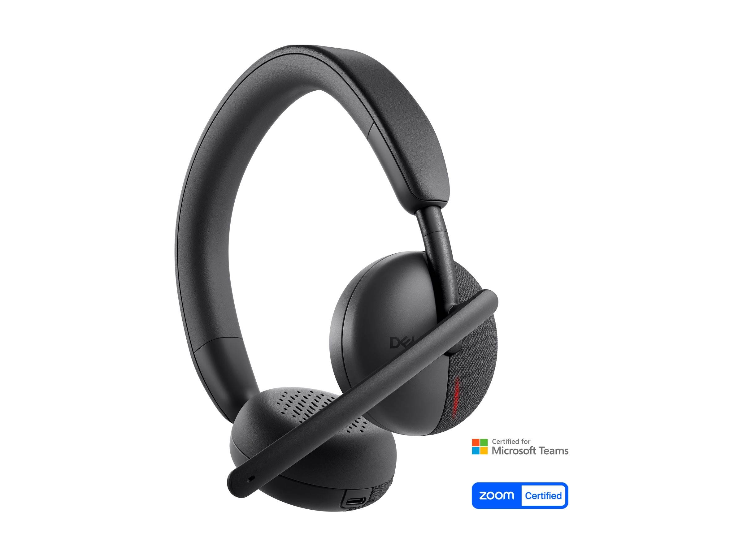 Ein schwarzes drahtloses Headset mit angebrachtem Mikrofon wird gezeigt. Es ist für Microsoft Teams und Zoom zertifiziert und zeigt damit seine Kompatibilität mit diesen Plattformen.