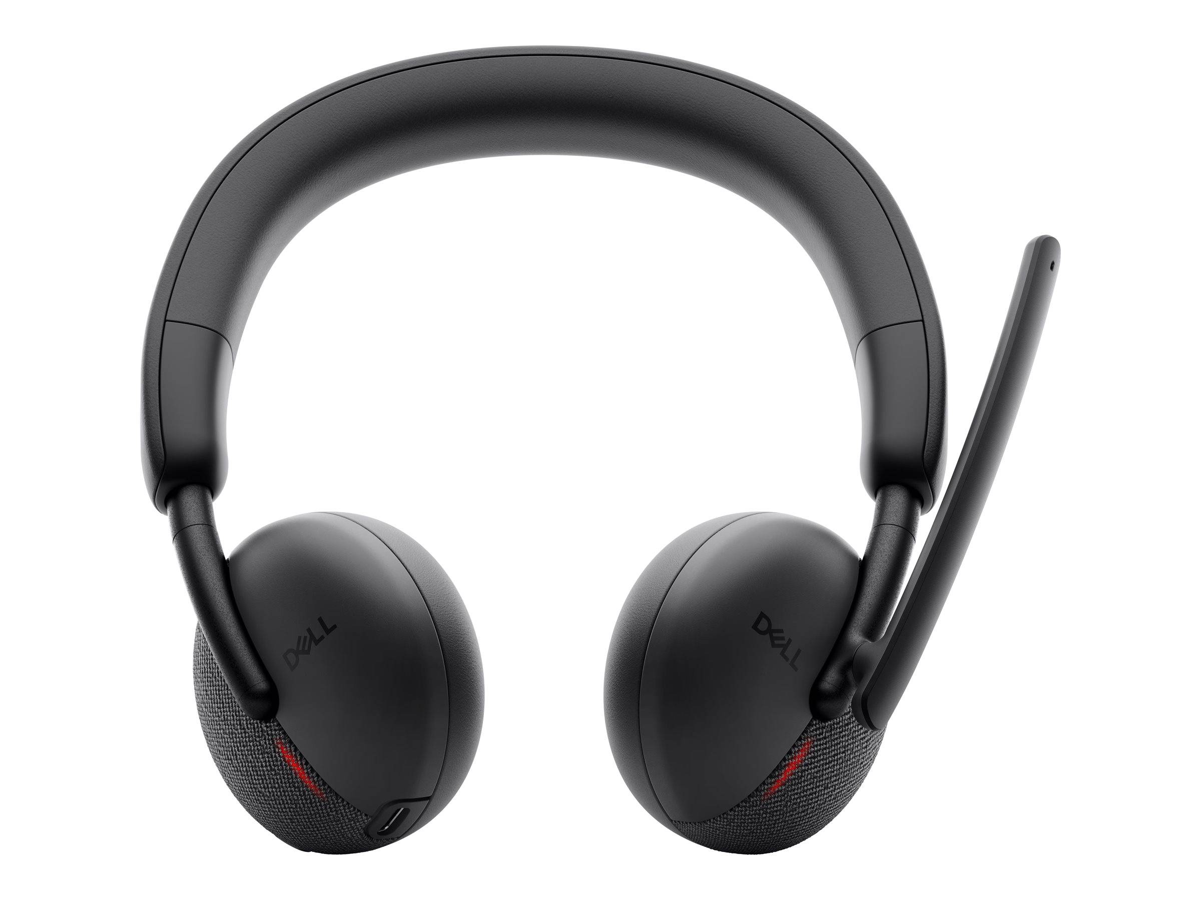 Ein schwarzes Dell-Headset mit gepolsterten Ohrmuscheln und angebrachtem Mikrofon, entwickelt für klare Audioqualität während Anrufen und Gaming-Sessions.