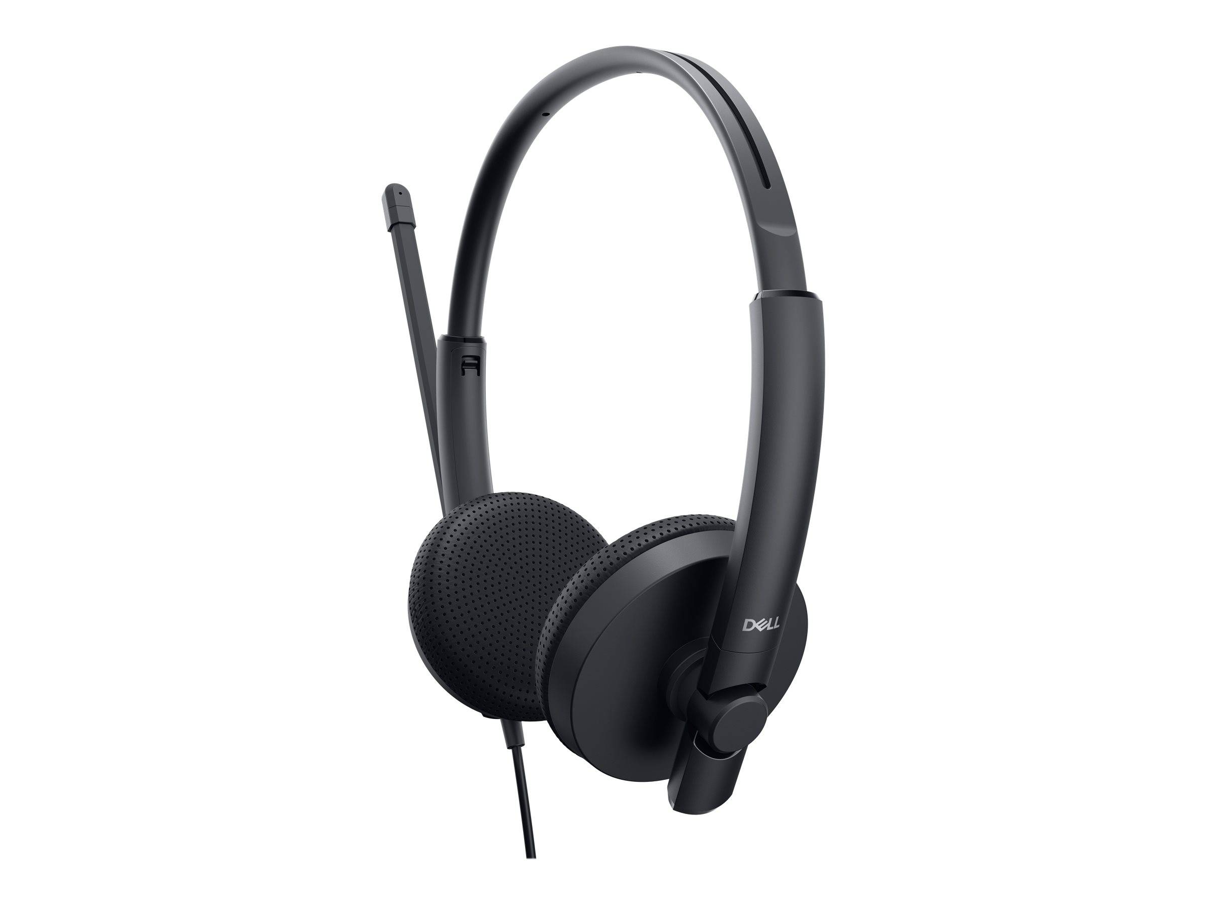 Headset mit schwarzem Over-Ear-Design, verstellbarem Kopfbügel und angebrachtem Mikrofon, seitlich mit 'Dell' beschriftet.