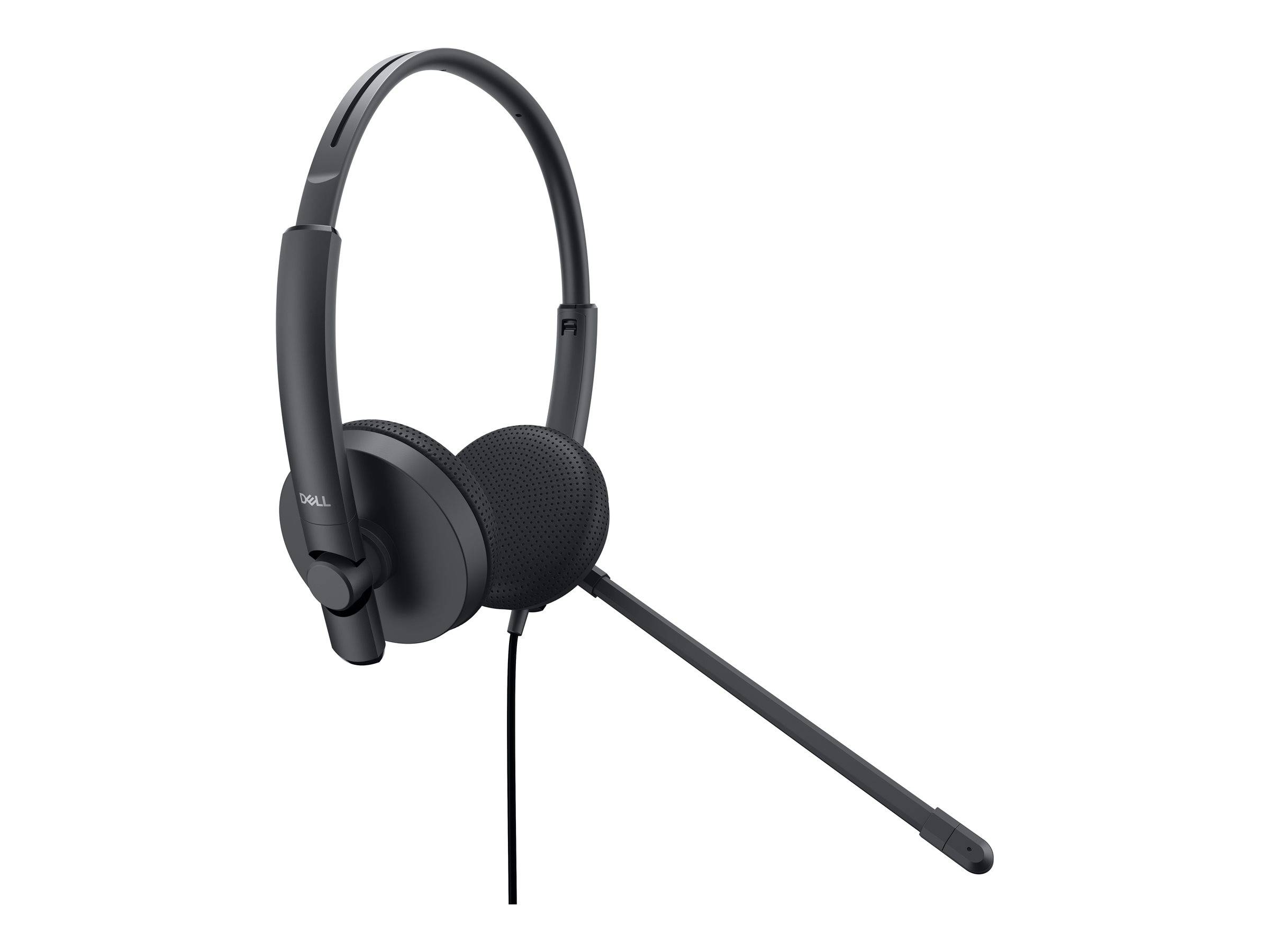 Ein schwarzer Over-Ear-Kopfhörer mit ausgefahrenem Mikrofonarm, entwickelt für komfortable Audio-Kommunikation, vor weißem Hintergrund abgebildet.