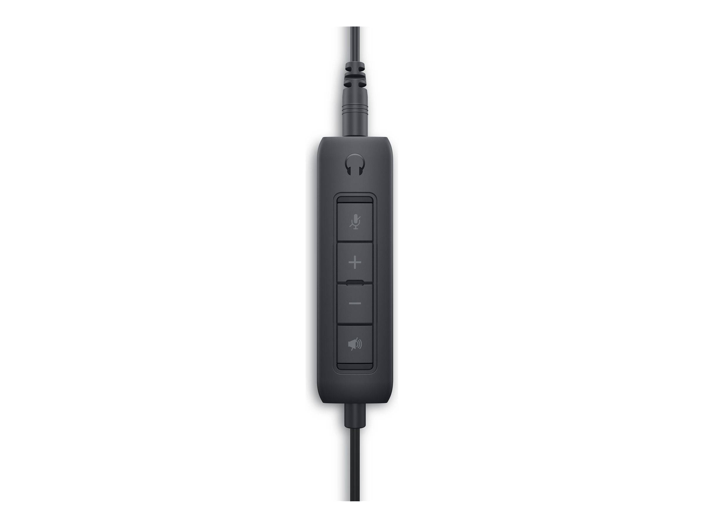 Ein schwarzes Inline-Audio-Bedienfeld mit Tasten für Lautstärke erhöhen, Lautstärke verringern, Stummschalten und einem Mikrofonsymbol auf einem angeschlossenen Kabel.