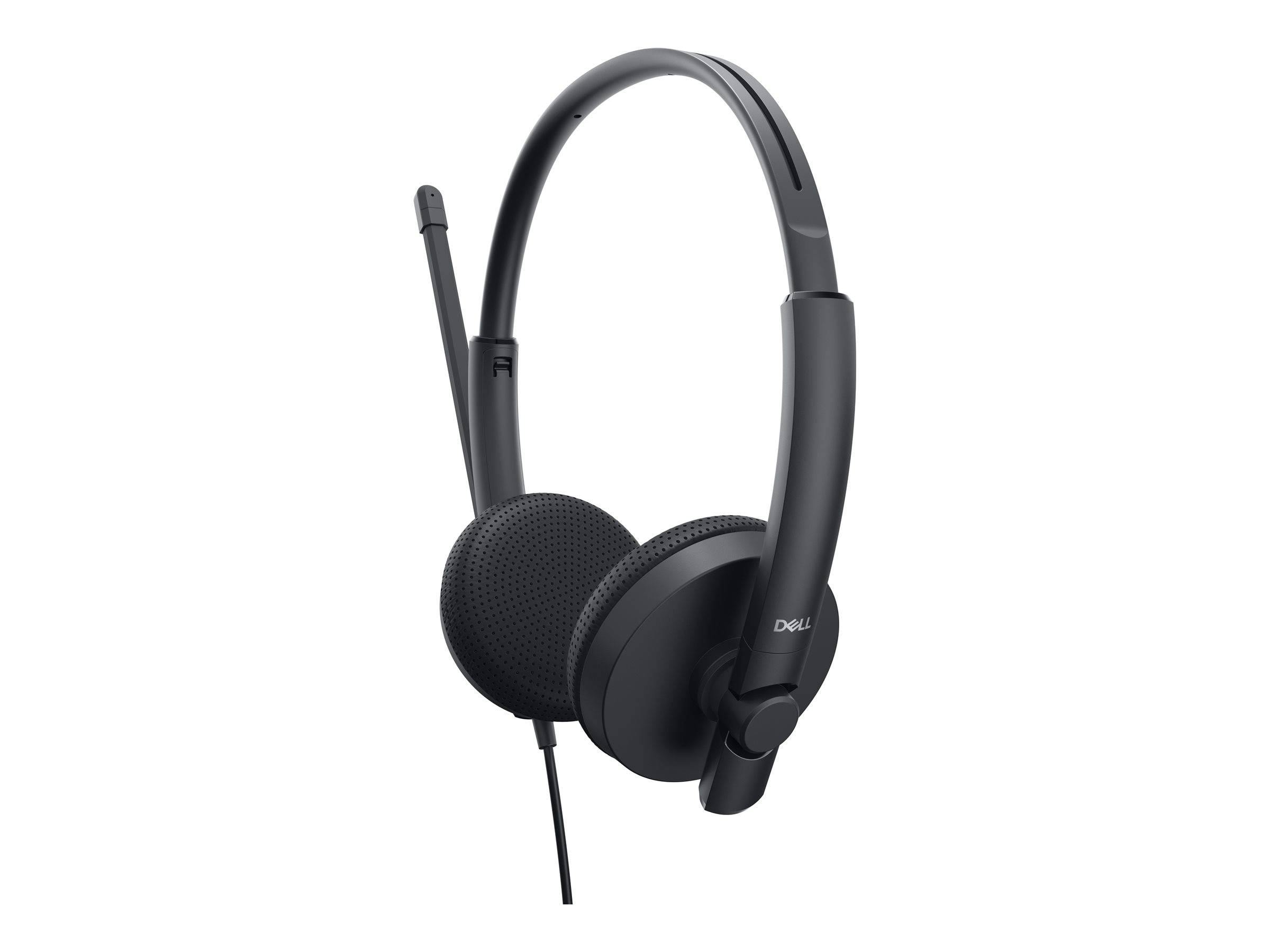 Schwarzes Dell Kabel-Headset mit verstellbarem Mikrofonarm, gepolsterten Ohrmuscheln und gepolstertem Kopfbügel. Geeignet für Kommunikation und Gaming.