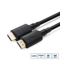 Zwei schwarze HDMI-Kabel auf weißem Hintergrund, beschriftet mit 'Micro Connect'. Symbole darunter zeigen Eigenschaften: LSZH, HDMI 2.0, 18 Gbps, 4K 60Hz.