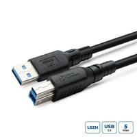 USB 3.0-Kabel mit blauen Anschlussenden, zeigt zwei Konnektortypen: einen standardmäßigen rechteckigen und einen quadratischen für Drucker. LSZH-Material.