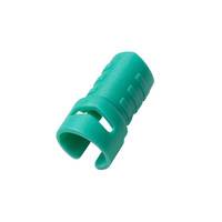 Ein grüner Kunststoff-Zylinder-Verbinder mit gerippter Oberfläche und einem offenen Schlitz, der zum Anbringen oder Sichern von Kabeln verwendet wird.