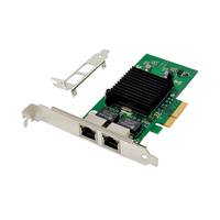 Eine Dual-Port-PCIe-Netzwerkkarte mit zwei Ethernet-Ports und einem Kühlkörper, inklusive Halterung für die Installation.
