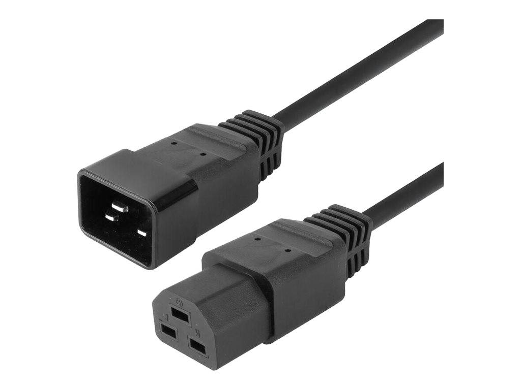 Nahaufnahme eines schwarzen Stromverlängerungskabels mit geformten Steckern, die männliche und weibliche IEC-ähnliche Anschlüsse auf weißem Hintergrund zeigt.