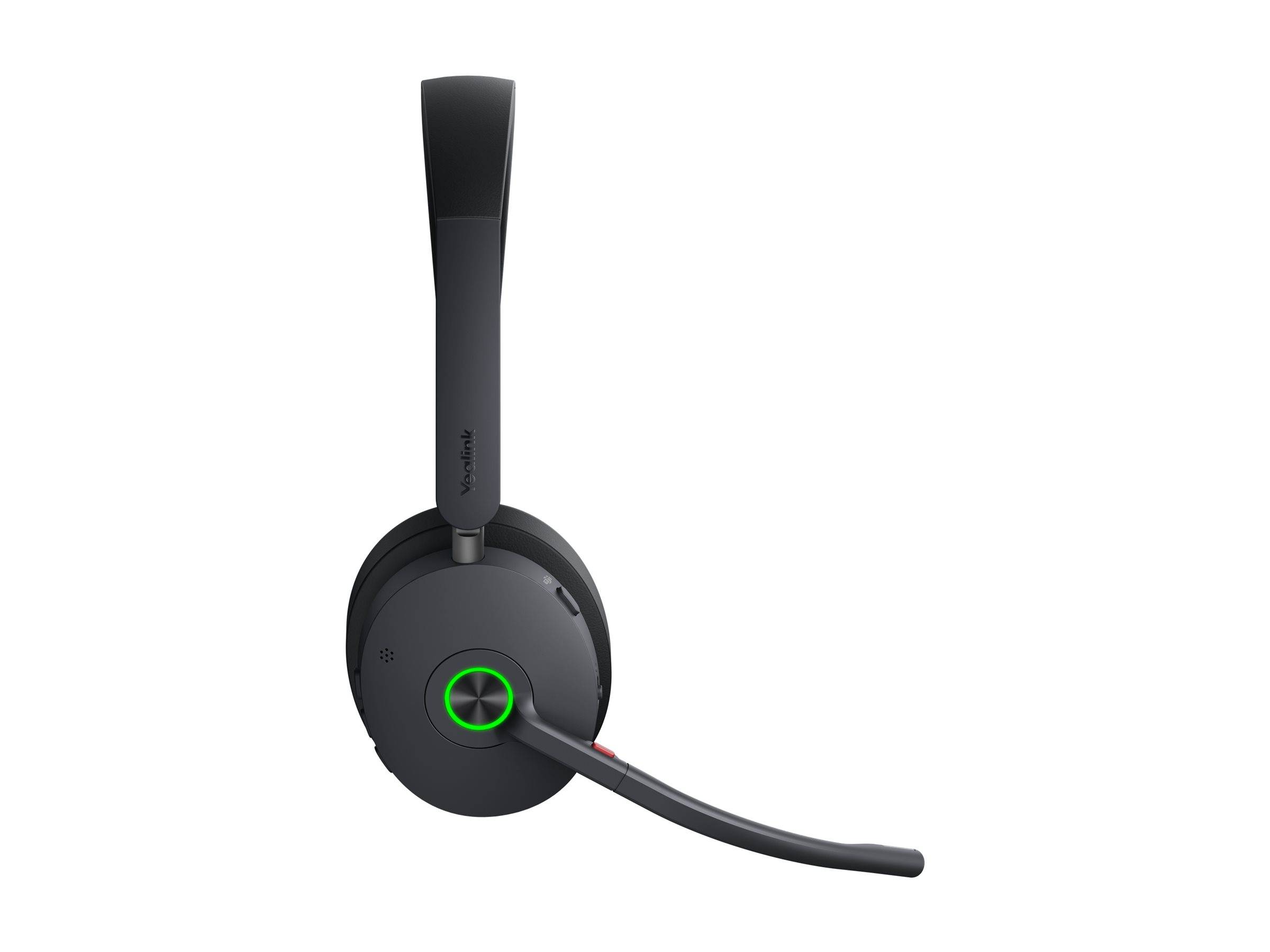 Drahtloses Headset mit Mikrofon, schwarze Farbe, grüne LED-Anzeige auf dem Ohrhörer, geeignet für Kommunikation oder Gaming.