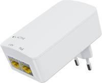 Ein weißer Netzadapter mit zwei Ethernet-Anschlüssen und Stecker, ausgestattet mit einer 