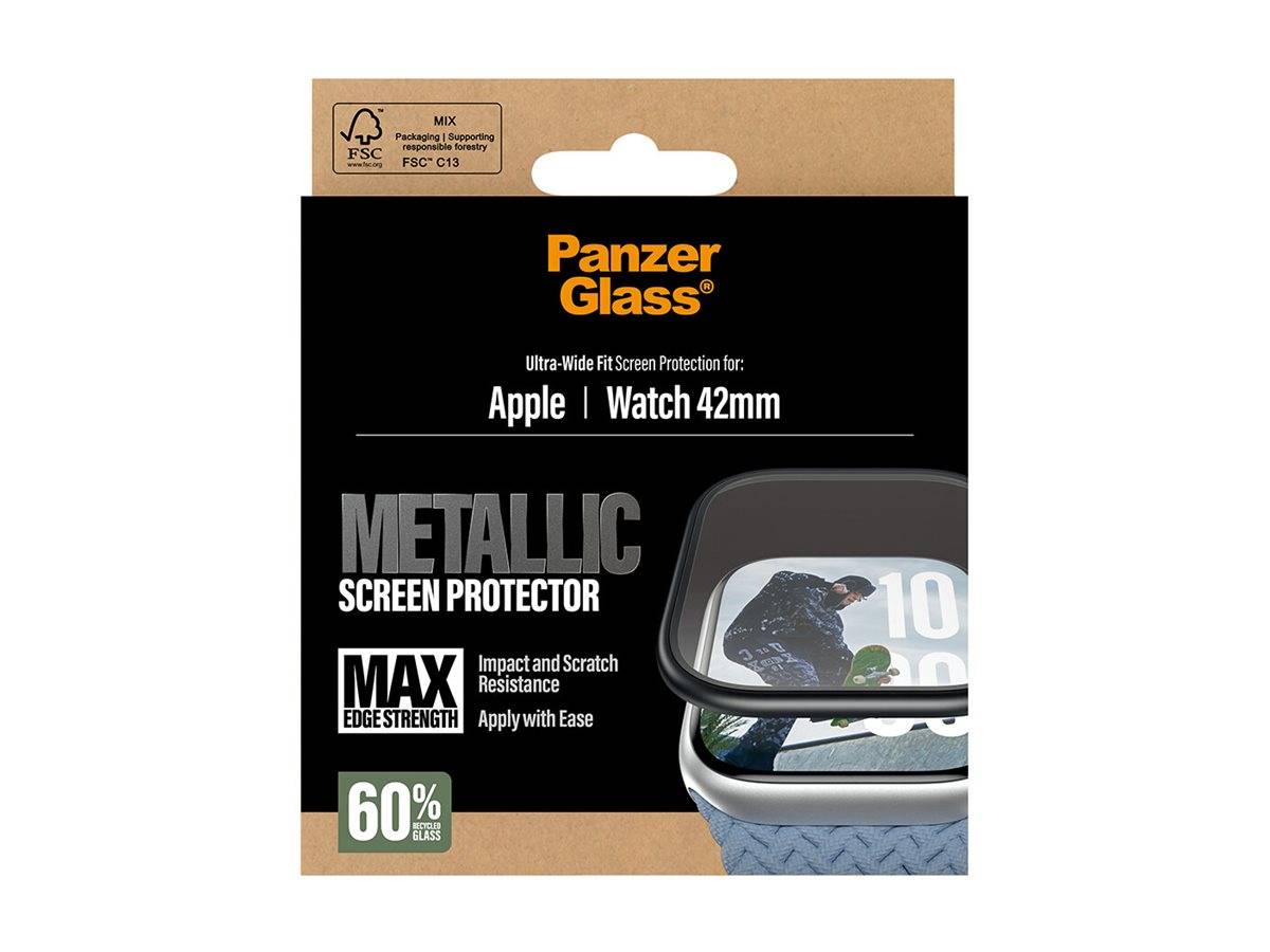 Paket für PanzerGlass Metallscreen-Schutzfolie für Apple Watch 42mm mit maximaler Kantenfestigkeit und 60% weniger Kleber.