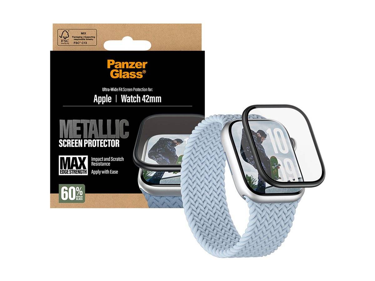 PanzerGlass Metallischer Displayschutz für Apple Watch 42mm, gezeigt mit einem hellblauen geflochtenen Armband und Apple Watch Display.
