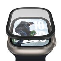 Smartwatch mit einer Person auf einem Skateboard auf dem Bildschirm. Die Uhr hat ein schwarzes Band und ein silbernes Gehäuse.