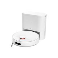 Ein weißer Roboter-Staubsauger mit einer Ladestation auf weißem Hintergrund. Der Roboter hat eine Scheibenform und einen kleinen hervorstehenden Sensor.