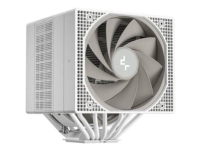 Ein großer Computerkühllüfter mit mehreren Klingen und Hitzepipes, in einem rechteckigen Rahmen untergebracht, der für eine effiziente Wärmeableitung konzipiert ist.