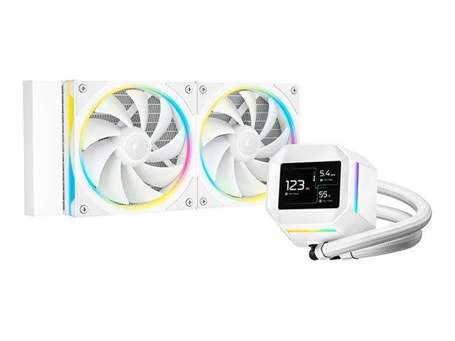 Ein weißes Computer-Flüssigkühlsystem mit Doppellüftern und LED-Beleuchtung, das eine digitale Anzeige mit Temperatur- und Flüssigkeitsdurchflusswerten zeigt.