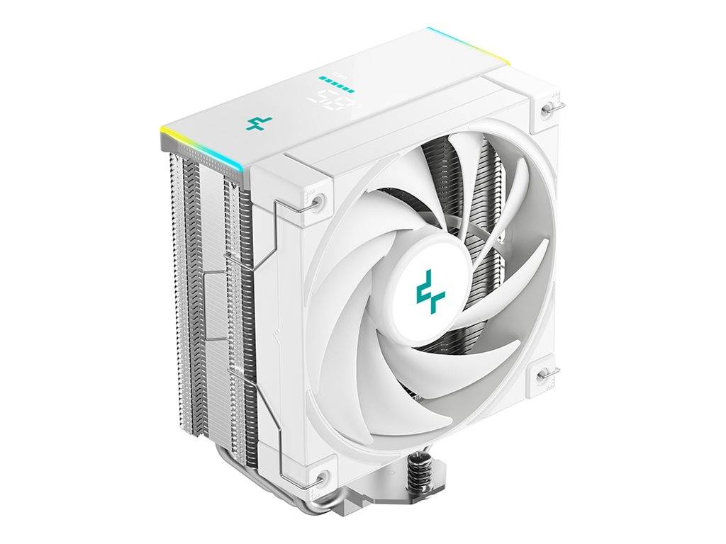 Ein weißer CPU-Kühler mit einem großen Lüfter und Aluminium-Kühlkörper, der für eine effiziente Wärmeableitung in PCs entwickelt wurde.