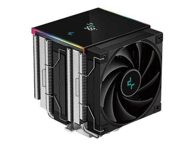 DeepCool AK500 CPU-Kühler mit einem großen schwarzen Lüfter, Heatpipes und metallischen Kühlrippen. Entwickelt für die Wärmemanagement von PCs.