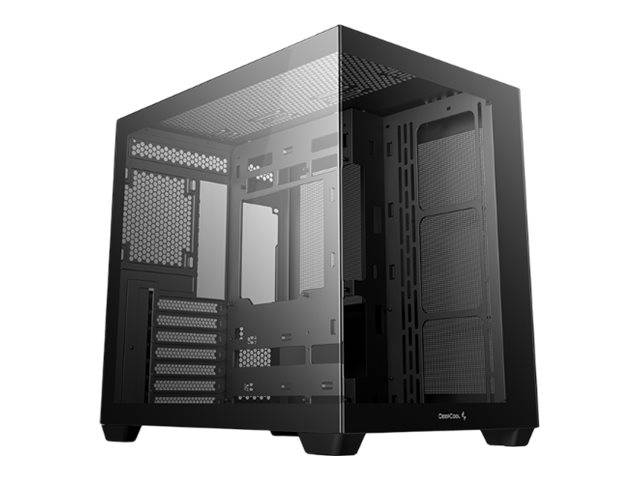 Ein schwarzes Computergehäuse mit transparentem Seitenfenster, das Einbauslots und Bereiche für Komponenten präsentiert, von DeepCool.