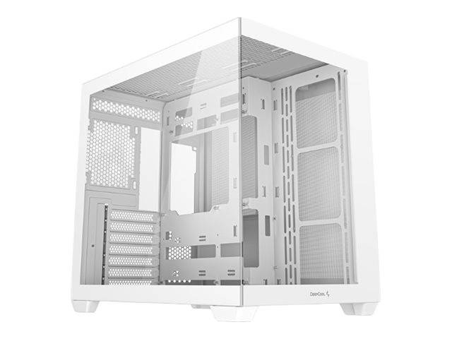 Ein weißes Computergehäuse mit transparenten Seitenscheiben, das das geräumige Innenleben präsentiert, das für verschiedene Komponenten und effiziente Kühlung konzipiert ist.