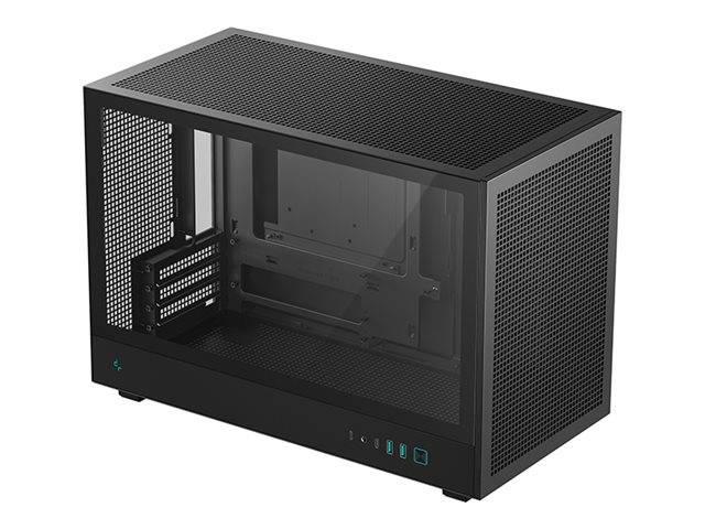 Ein schwarzes Computergehäuse mit Netzdesign, ausgestattet mit transparentem Seitenfenster, mehreren Erweiterungsslots und vorderen USB-Anschlüssen.