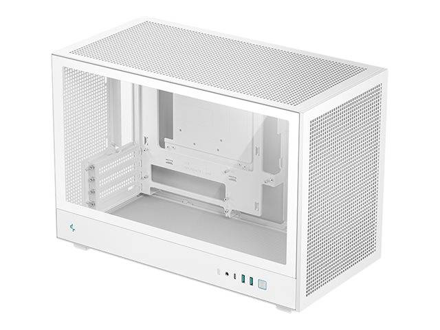 Ein weißes Computergehäuse mit einer transparenten Seitenscheibe, das sein modulares Innenleben für Gaming-Setups und effiziente Kühlung präsentiert.