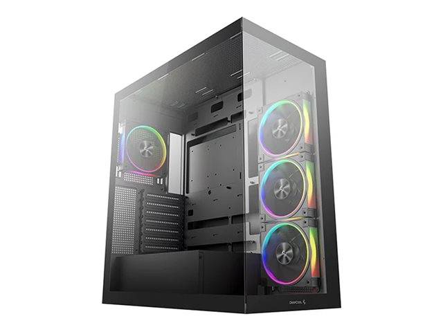 Schwarzes gehärtetes Glas PC-Gehäuse mit drei RGB-Frontlüftern und leeren internen Laufwerkschächten, die innen sichtbar sind.