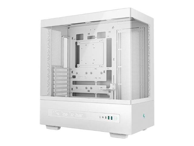 Ein weißes Computergehäuse mit einer transparenten Seitenscheibe, die einen geräumigen Innenraum mit Montageslots für Komponenten und Anschlüssen an der Vorderseite zeigt.