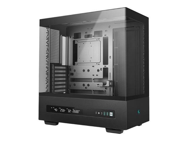 Ein schlankes, leeres Computer-Tower-Gehäuse mit Seitenscheibe aus Glas, schwarzem Rahmen und digitalem Display auf der vorderen Unterseite, bereit für Komponenten.