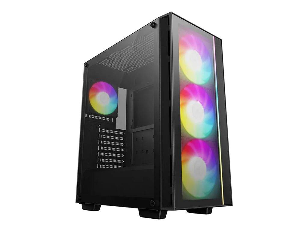 Ein schwarzes Computer-Gehäuse mit transparenter Seitenscheibe und Frontseite. Drei Frontlüfter und ein Hecklüfter zeigen Regenbogen-farbene Beleuchtung.